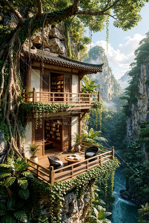 峡谷峭壁木屋