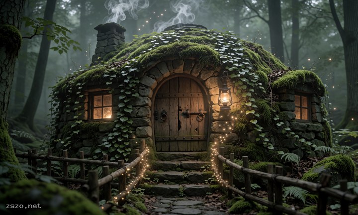 森林苔藓圆顶霍比特小石屋