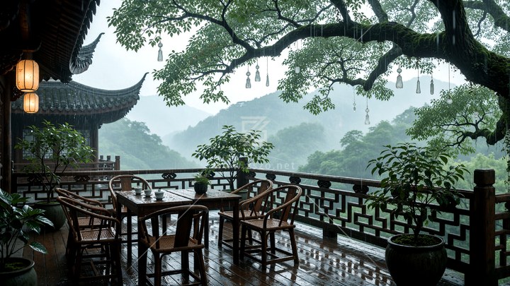 雨雾下的山中庭院