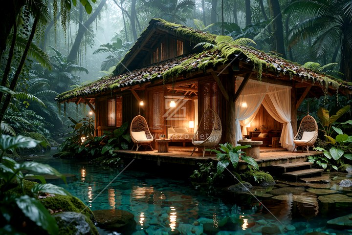 溪边雨林木屋
