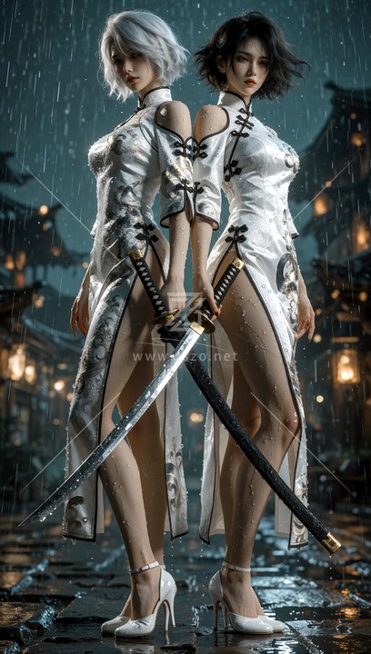 雨中双生女武士