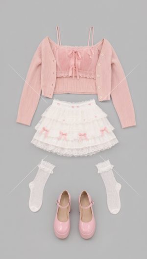 少女粉红蕾丝白裙套系