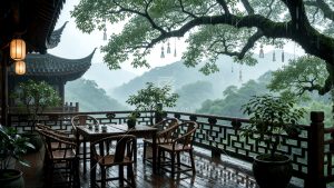 雨雾下的山中庭院