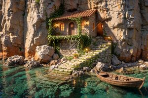 悬崖石屋海湾